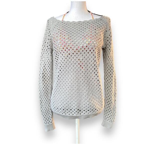 Loft Open Knit Pullover Sweater Sz S Gray Long Sleeve Scallop Neckline - Picture 2 of 10